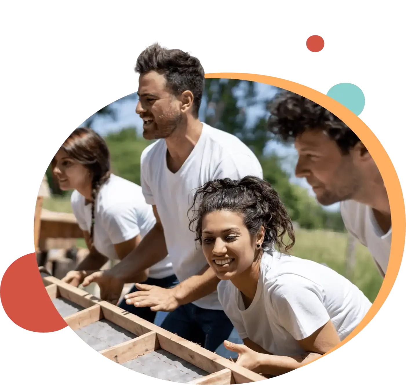 Volunteers working together to build a house